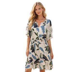 064 NWT Tahari Cream Dress with Blue and Green Leaf Design